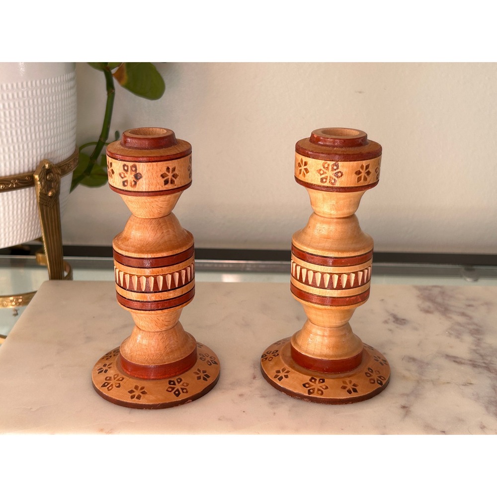 Vintage Hand Carved Wood Burned Taper Candle Holders Pair Floral Folk Art 6.5in